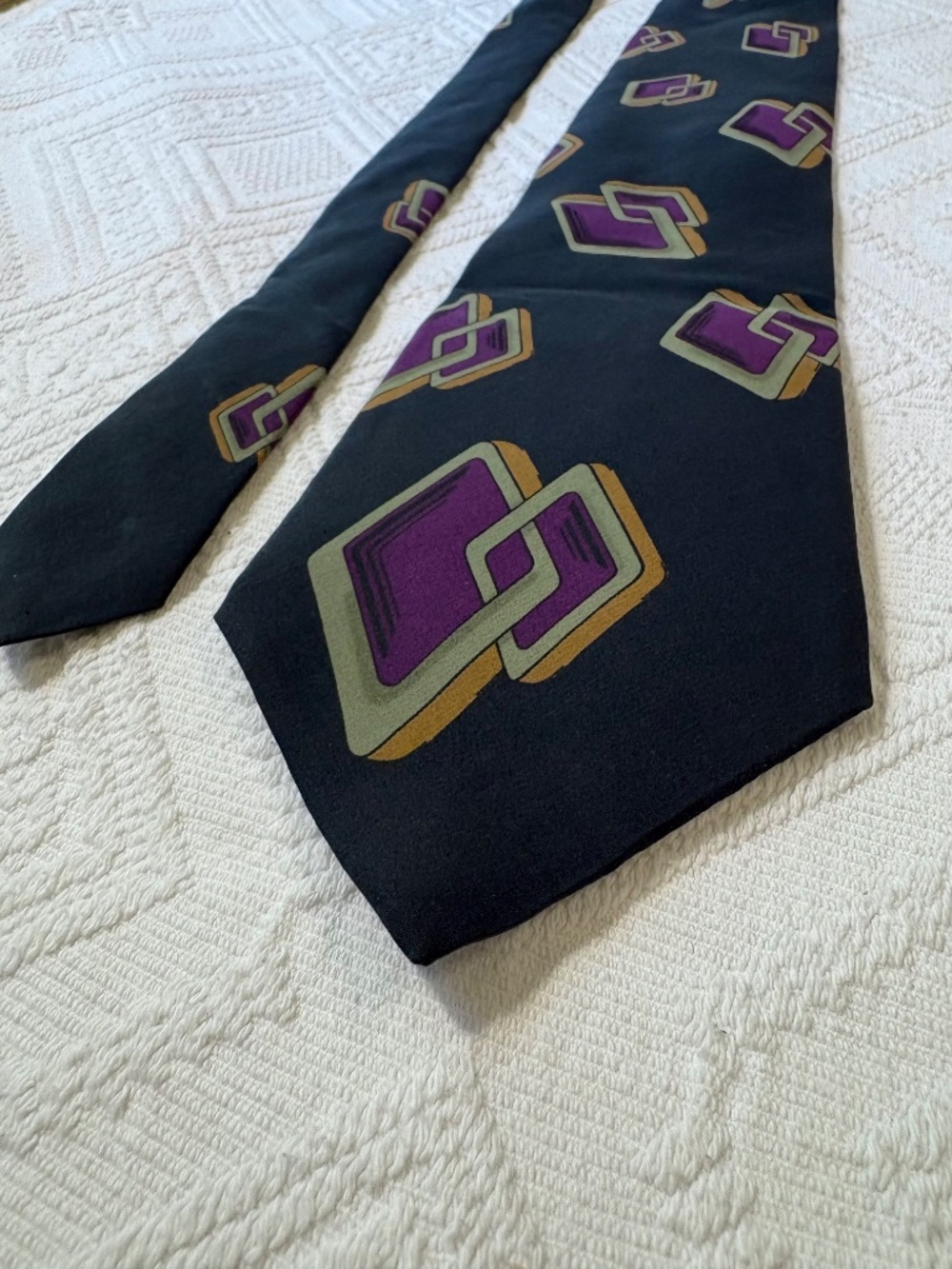 VTG Mark Alexander Tie 4" Wide Geometric Abstract Black Purple Gold